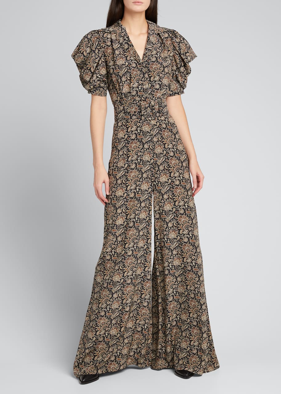 Floral Belted Wide Leg Silk Surplice Jumpsuit