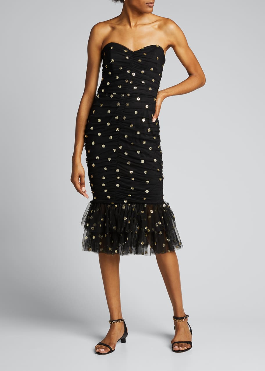 Image 1 of 1: Strapless Sequined Polka Dot Ruched Dress