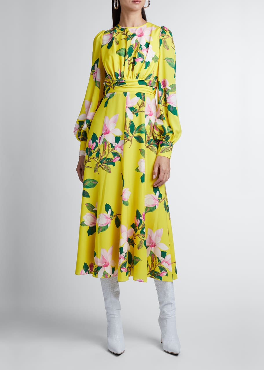 Image 1 of 1: Floral-Print Blouson-Sleeve Midi Dress