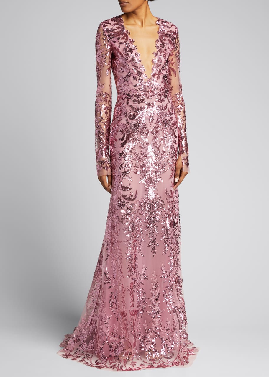 Image 1 of 1: Embroidered Long-Sleeve Gown