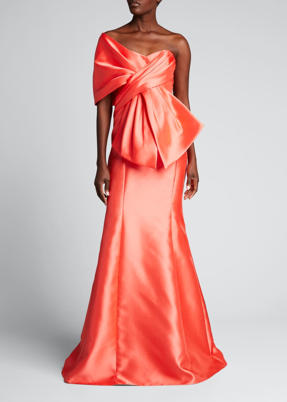 Badgley Mischka Collection Wrap Top Trumpet Gown with Bow Detail 