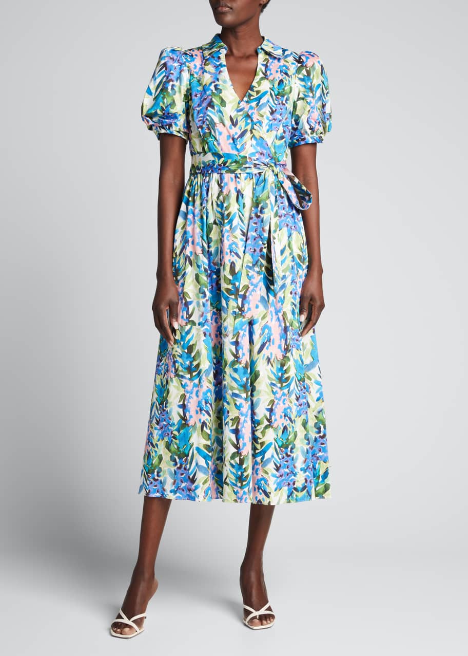 Badgley Mischka Collection Stripe Floral Puff-Sleeve Belted Midi Dress ...