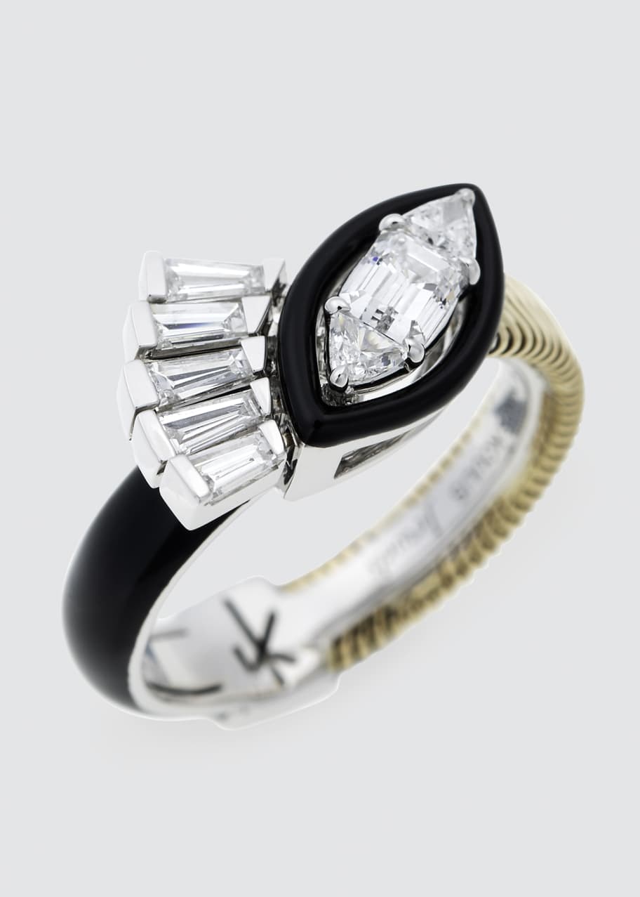 Image 1 of 1: Feelings Tapered, Trillion, And Emerald Cut Diamond Ring w/ Black Enamel 18K Gold White Gold 0.90Tcw Diamond