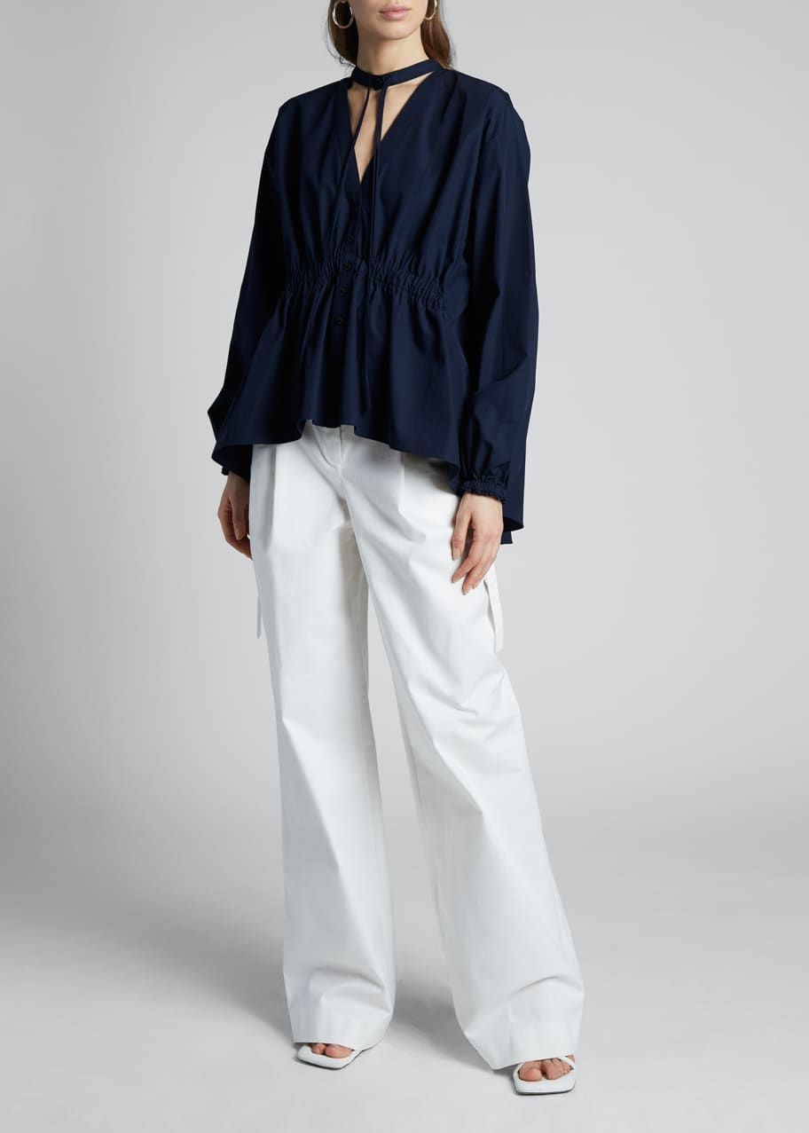 Image 1 of 1: Cotton Shirting Choker Button-Front Blouse