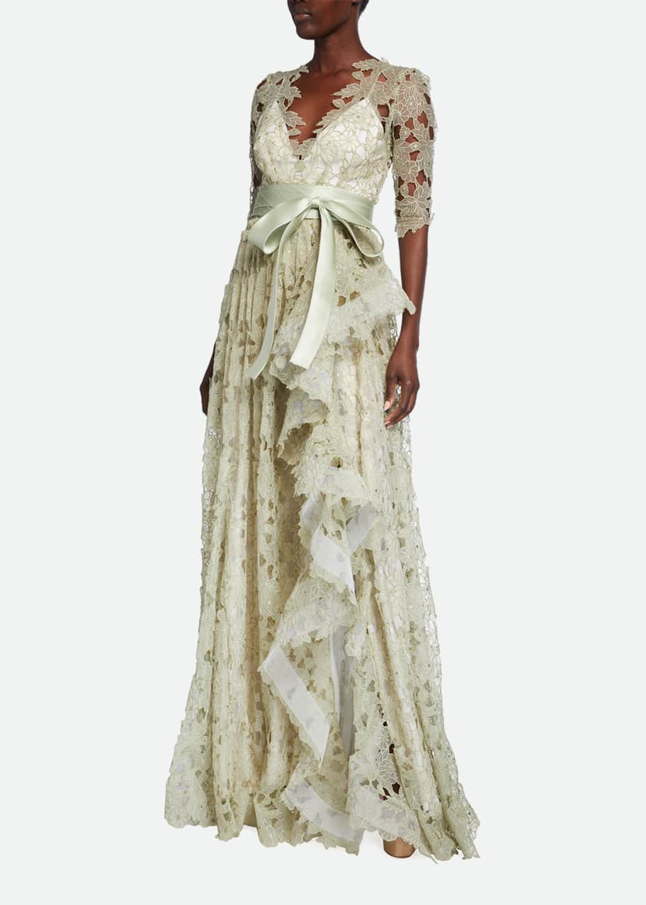 green emerald velvet dress Badgley Mischka Collared V-Neck Wrap Lace Dress – Curated Brands main image 1