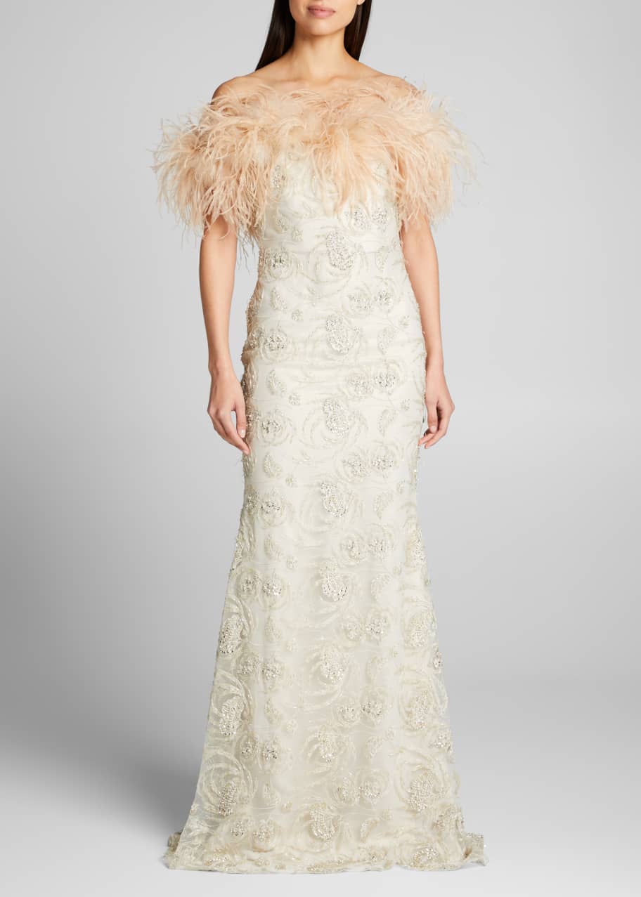 Badgley Mischka Couture Feather Off-the-Shoulder Beaded Gown - Bergdorf ...
