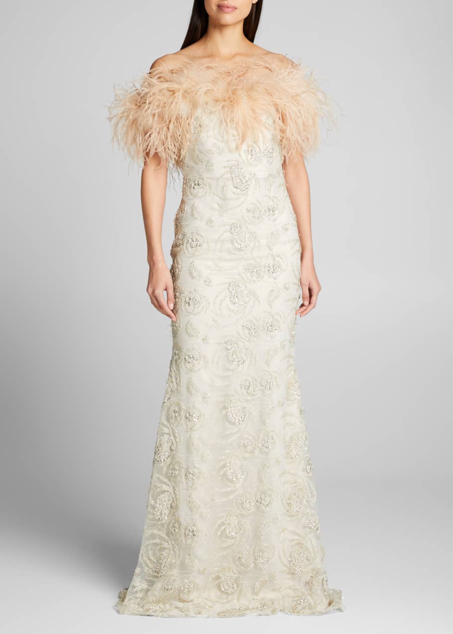 Badgley Mischka Couture Feather OfftheShoulder Beaded Gown Bergdorf