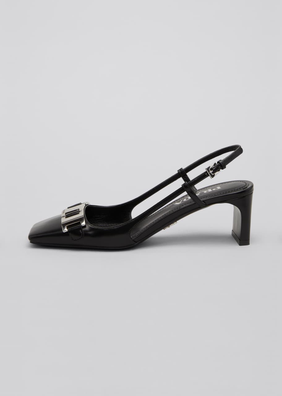 Image 1 of 1: 55mm Leather Square-Toe Slingback Pumps with Chain