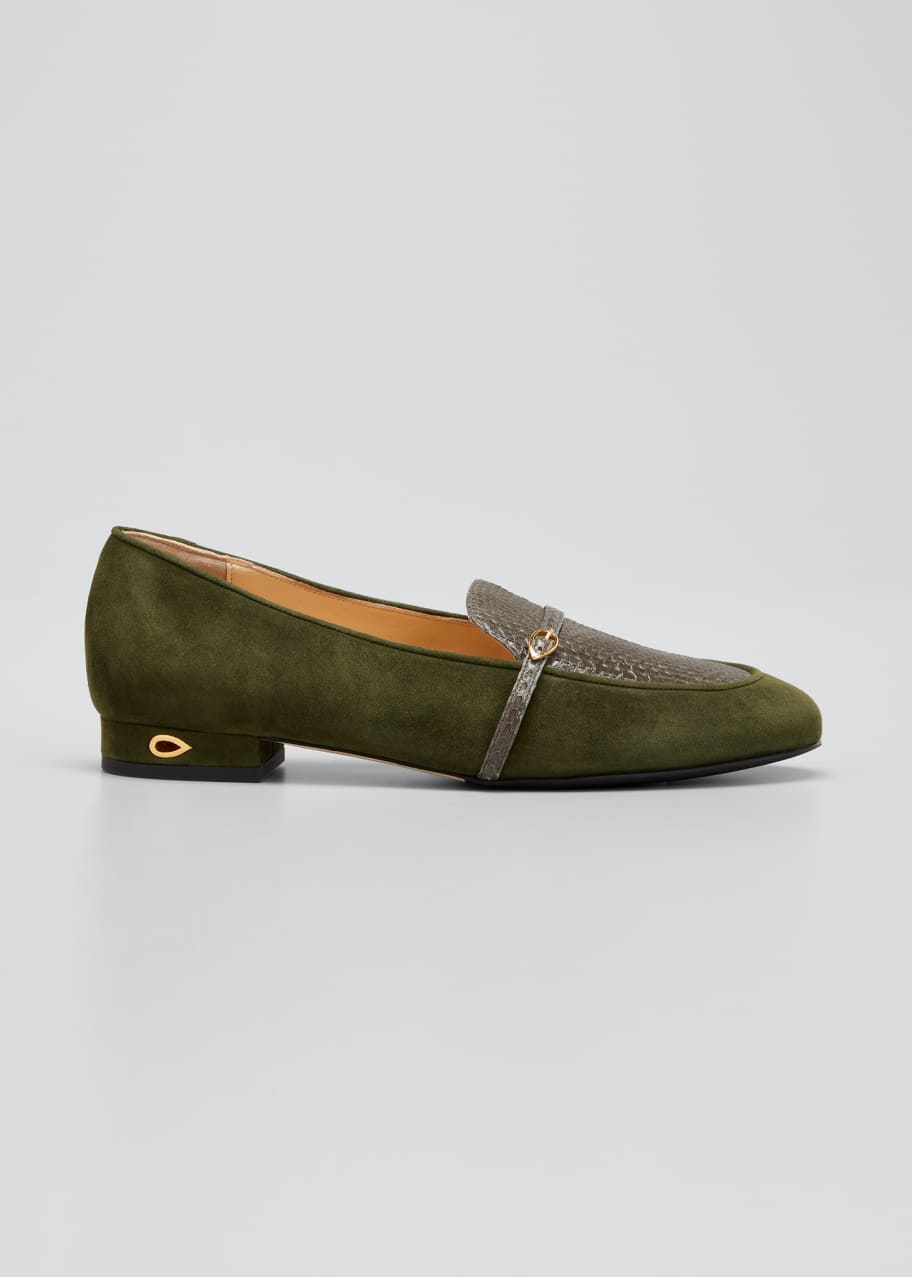 Image 1 of 1: Suede & Snakeskin Buckle Loafers, Green