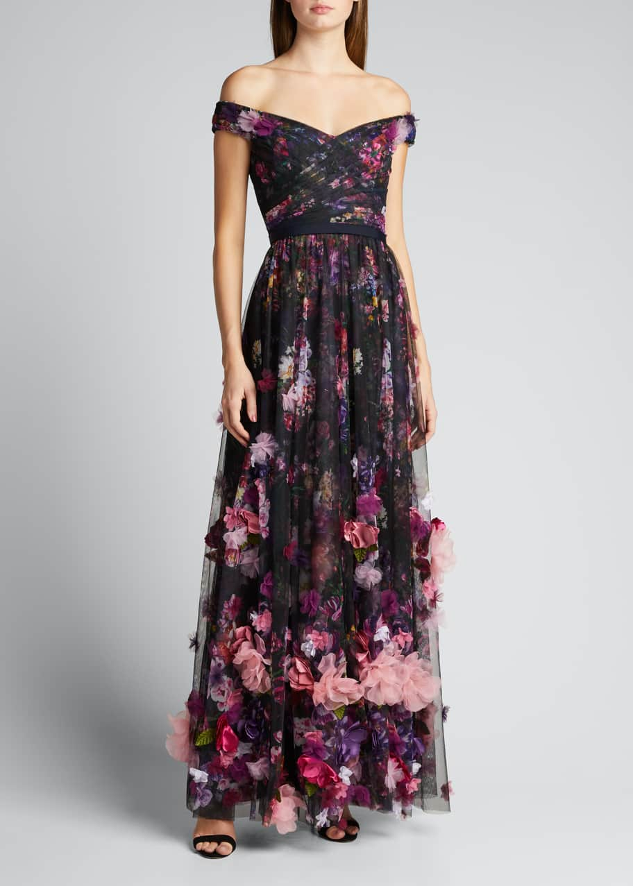 Marchesa Notte Off-the-Shoulder Printed Tulle Gown with 3D Flowers ...