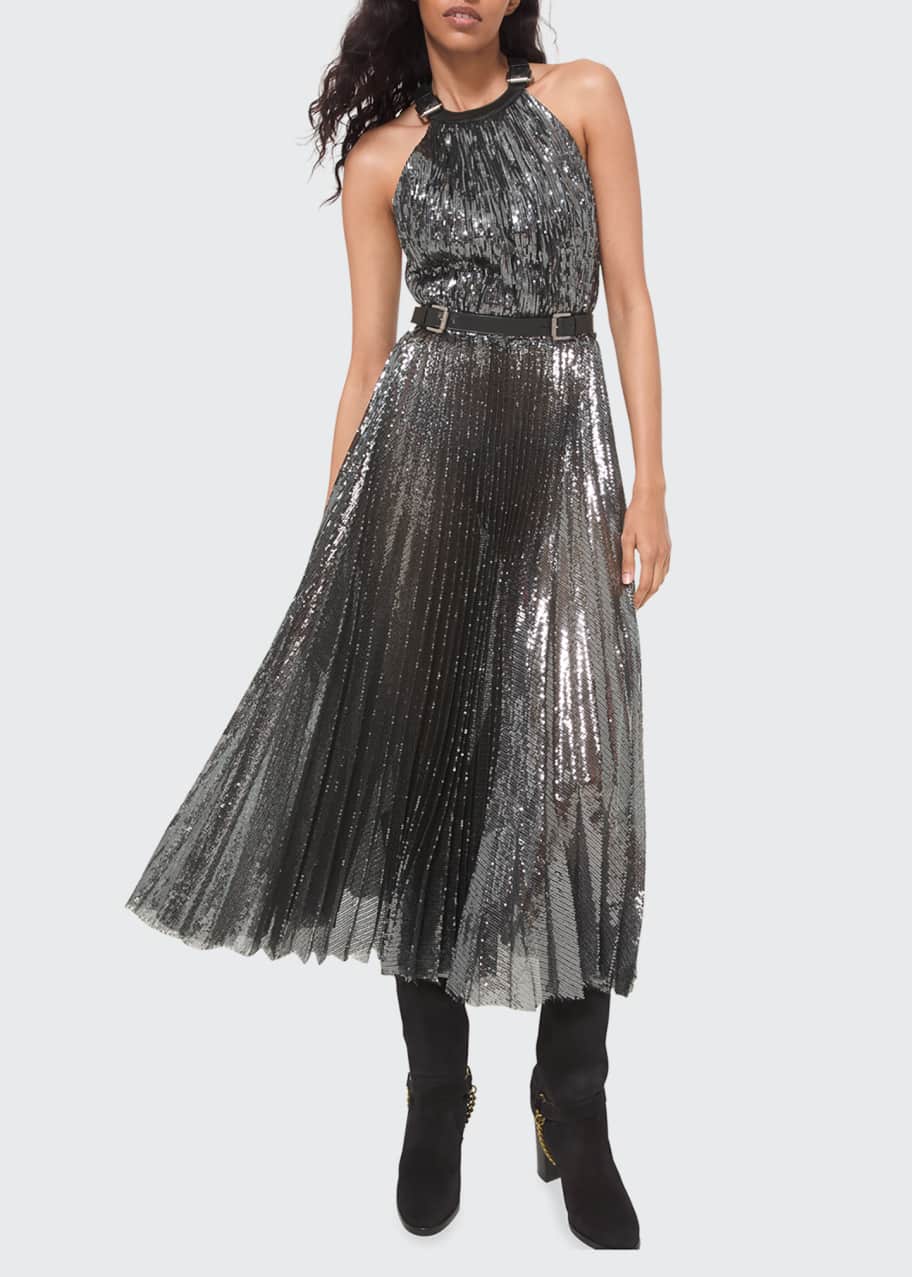 Michael Kors Collection Pleated Halter-Neck Embellished Midi Dress w/  Leather Belt - Bergdorf Goodman