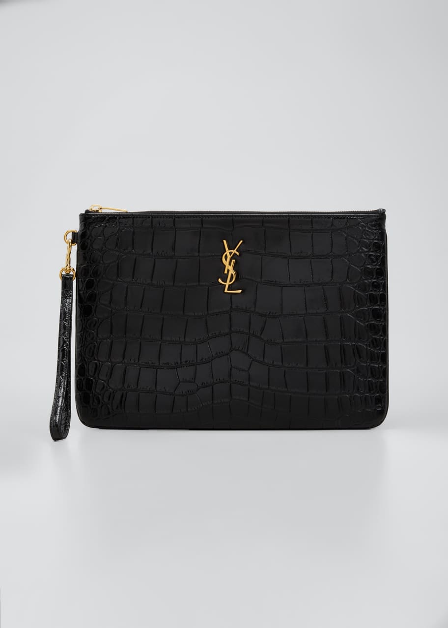 Saint Laurent YSL Croc Embossed Leather Wristlet Pouch Bergdorf