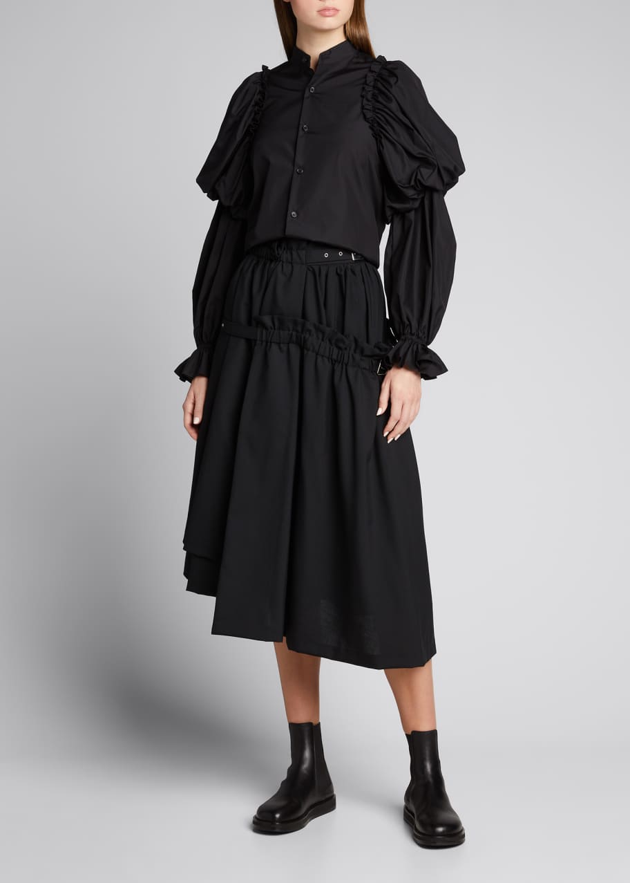 Asymmetric Frill Belted Wool Midi Skirt