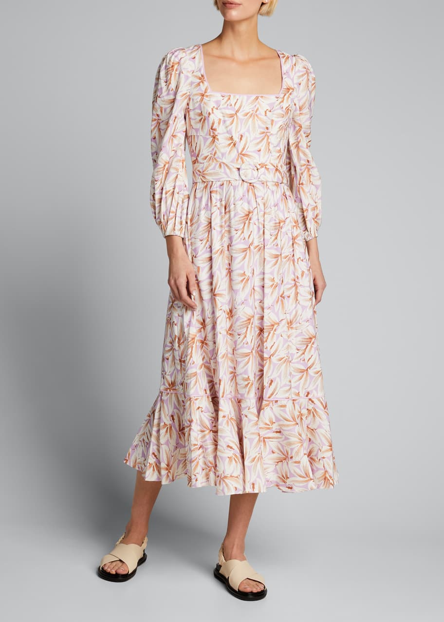 SIMKHAI Ella Floral Linen Belted Midi Flounce Dress - Bergdorf Goodman