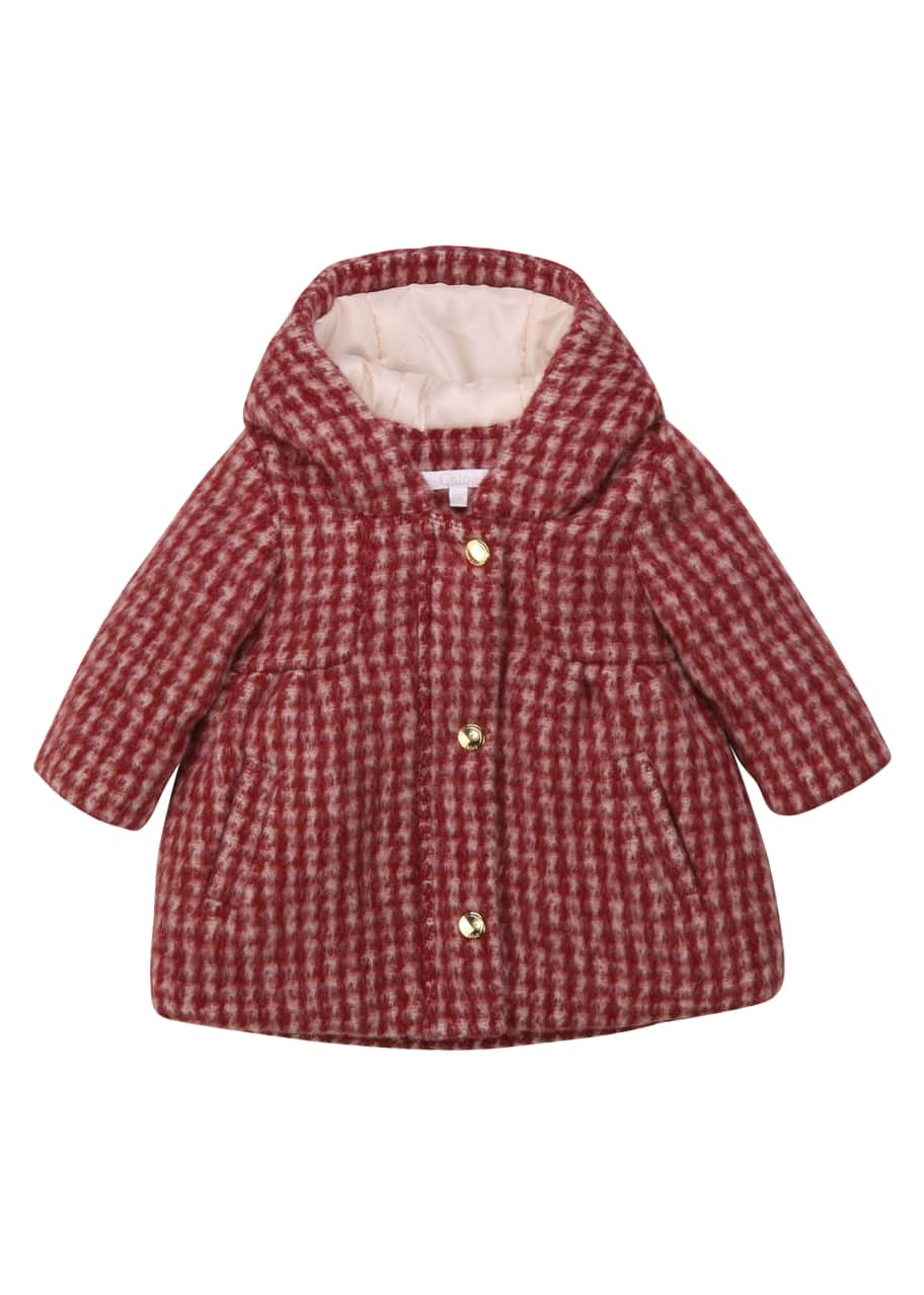 Image 1 of 1: Girl's Check Hooded Logo Engraved Coat, Size 2-3