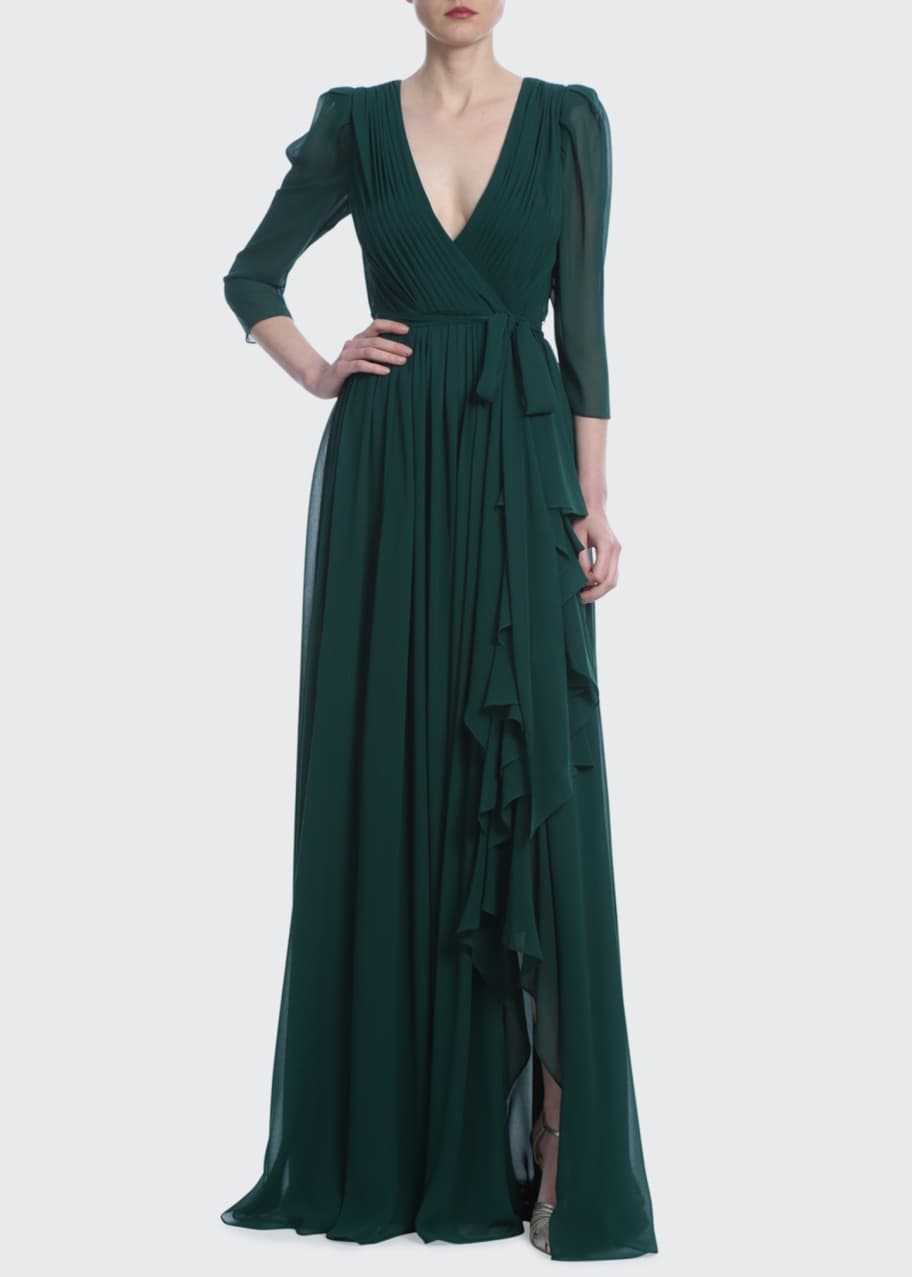 Badgley Mischka Collection 3/4-Sleeve Georgette Ruffle Gown - Bergdorf  Goodman