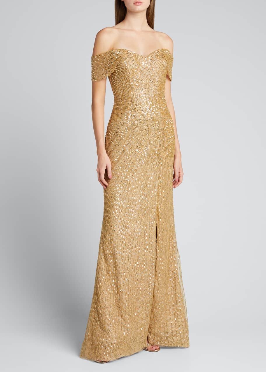 Off the Shoulder Beaded Column Gown