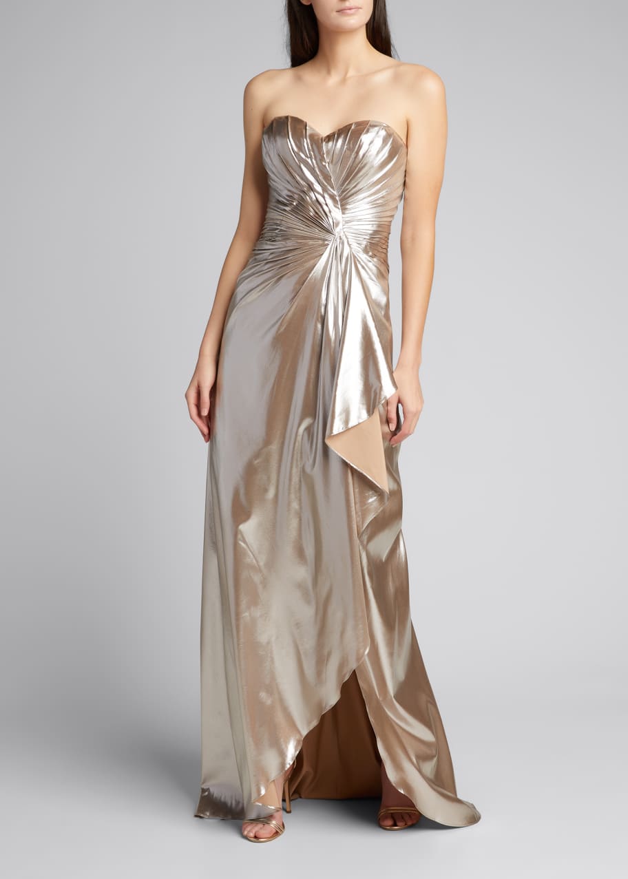 knee length dresses for ladies MNM Couture G2025 - Long Crepe Sheath Dress - One Shoulder Sleeve, Metallic Draped Overlay, High Slit, Mid-Open Back, Fitted Bodice 12 / Silver