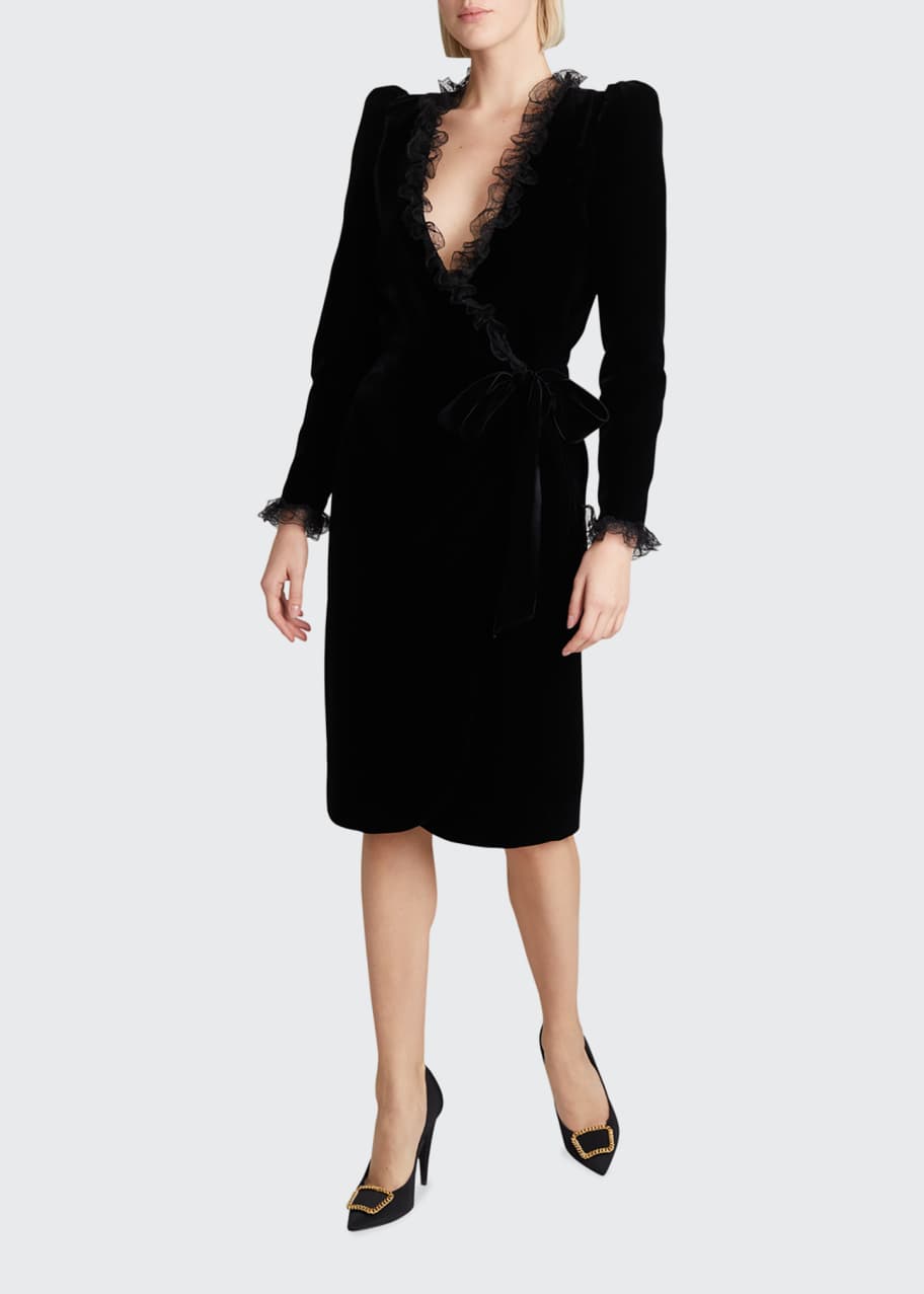 Saint Laurent Velvet Lace Trim Tie Waist Wrap Dress Bergdorf Goodman