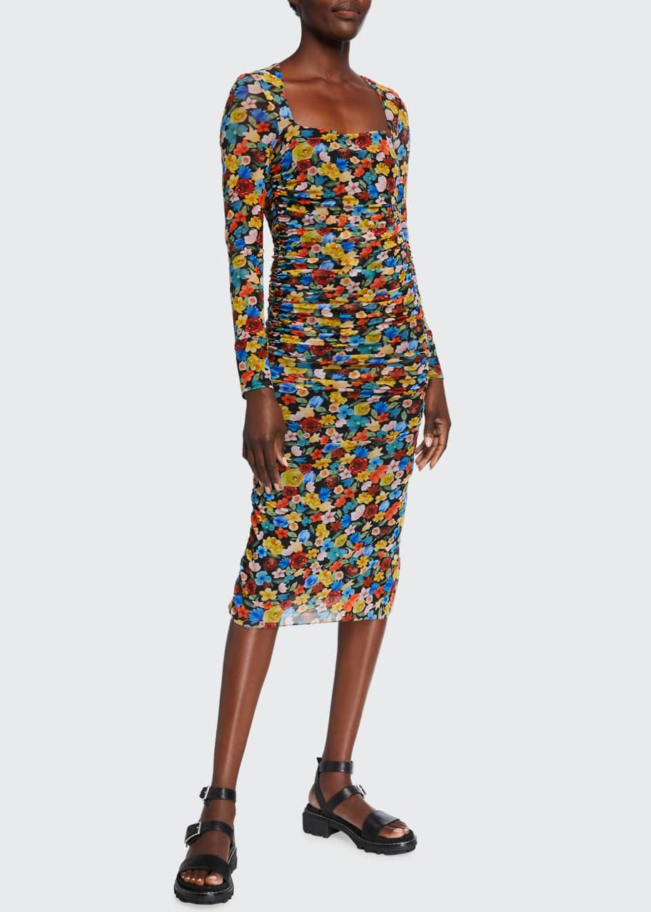 Ganni Floral Print Long Sleeve Shirred Mesh Dress Bergdorf Goodman