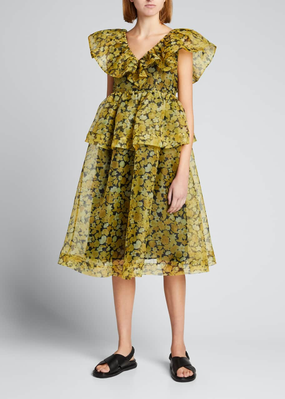 Image 1 of 1: Angel V-Neck Floral-Print Organza Midi Dress