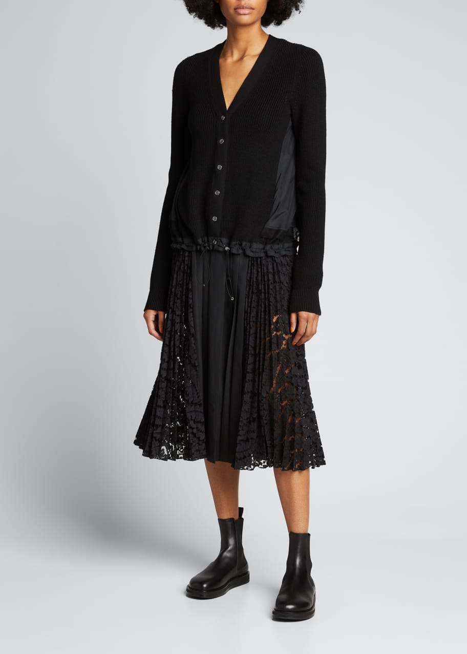 Image 1 of 1: Pleated Lace-Panel Midi Skirt