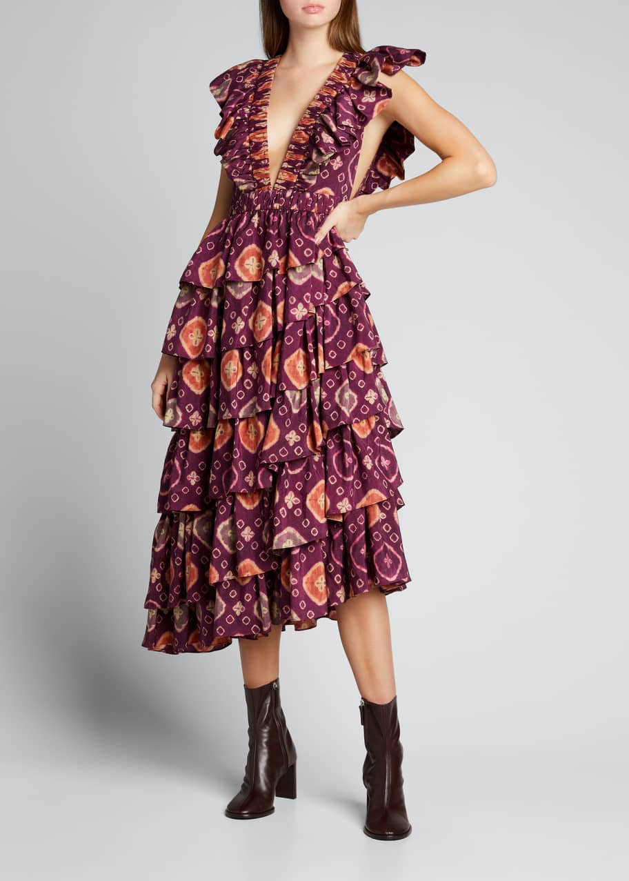 Image 1 of 1: Viola Shibori Plunge-Neck Ruffle Dress