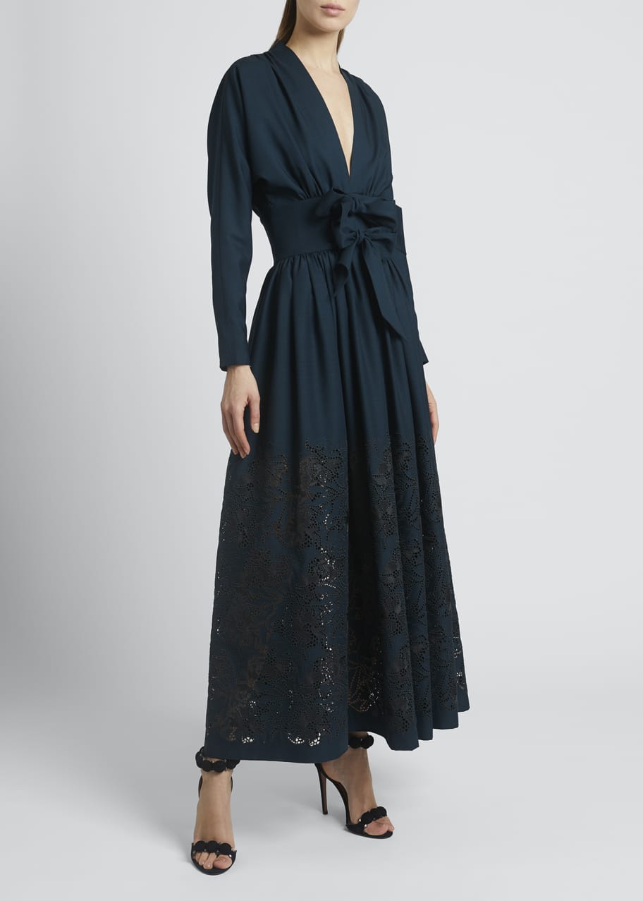 ALAIA V-Neck Bow-Front Long-Sleeve Eyelet Maxi Dress - Bergdorf Goodman