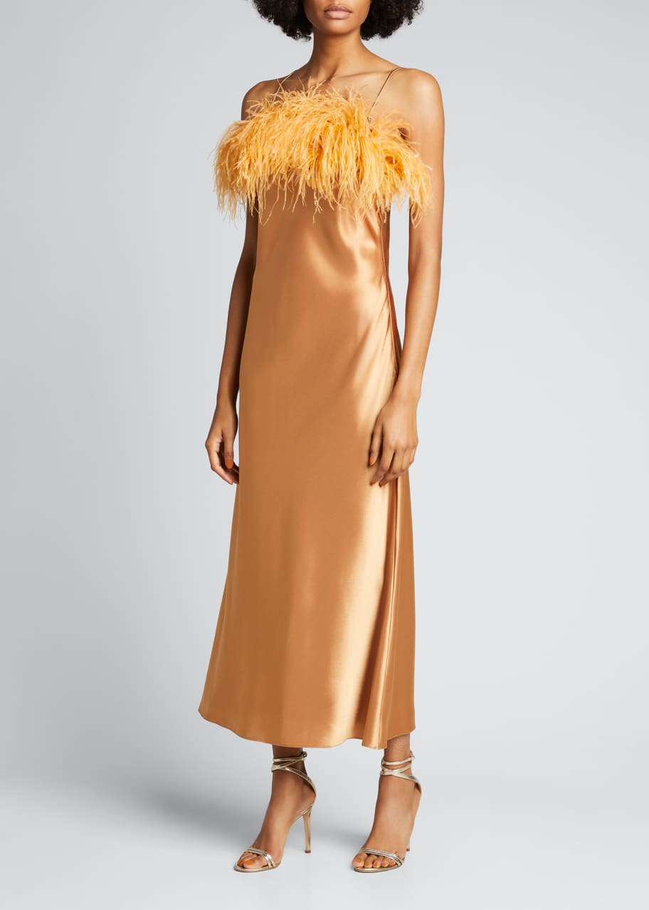 Cinq a Sept Cerise Satin Feather-Trim Slip Dress - Bergdorf Goodman