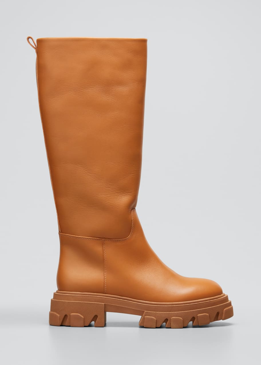 Image 1 of 1: Tubular Leather Tall Combat Boots, Brown