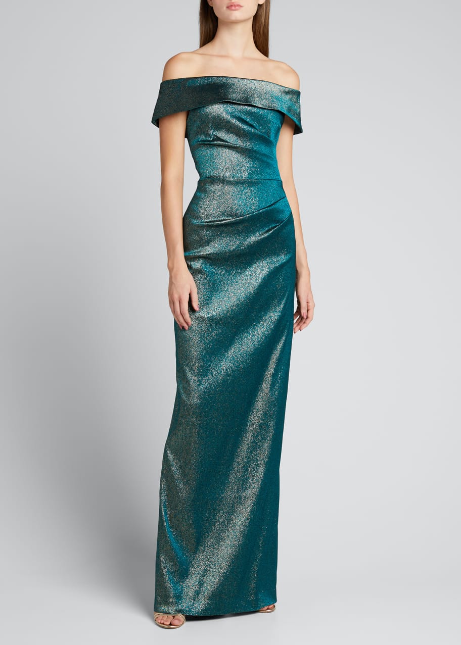 Rickie Freeman for Teri Jon Metallic Jacquard Off-Shoulder Draped ...