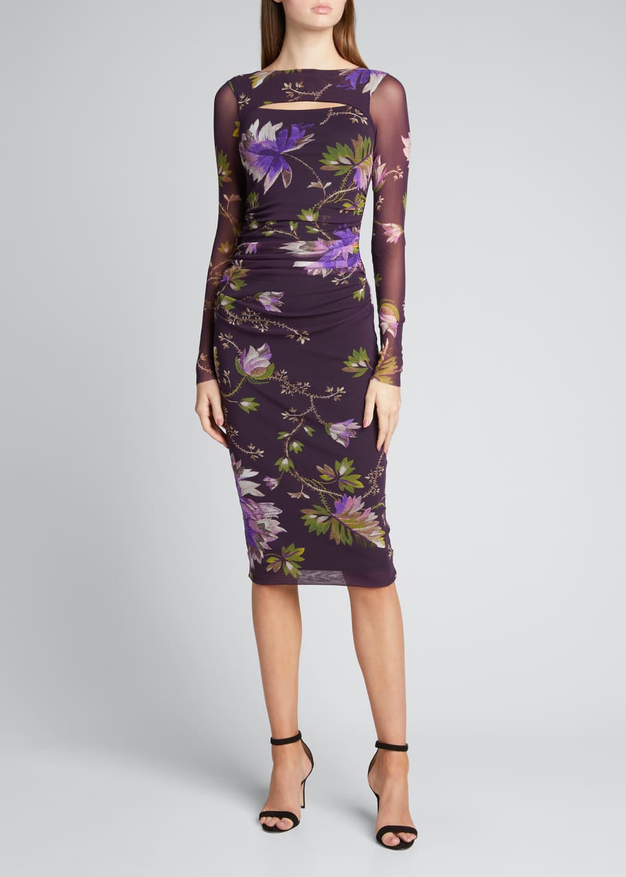 knee length dresses for ladies Fuzzi Red Floral Print Ruched Long Sleeve Knee Length Dress – The Closet  New York