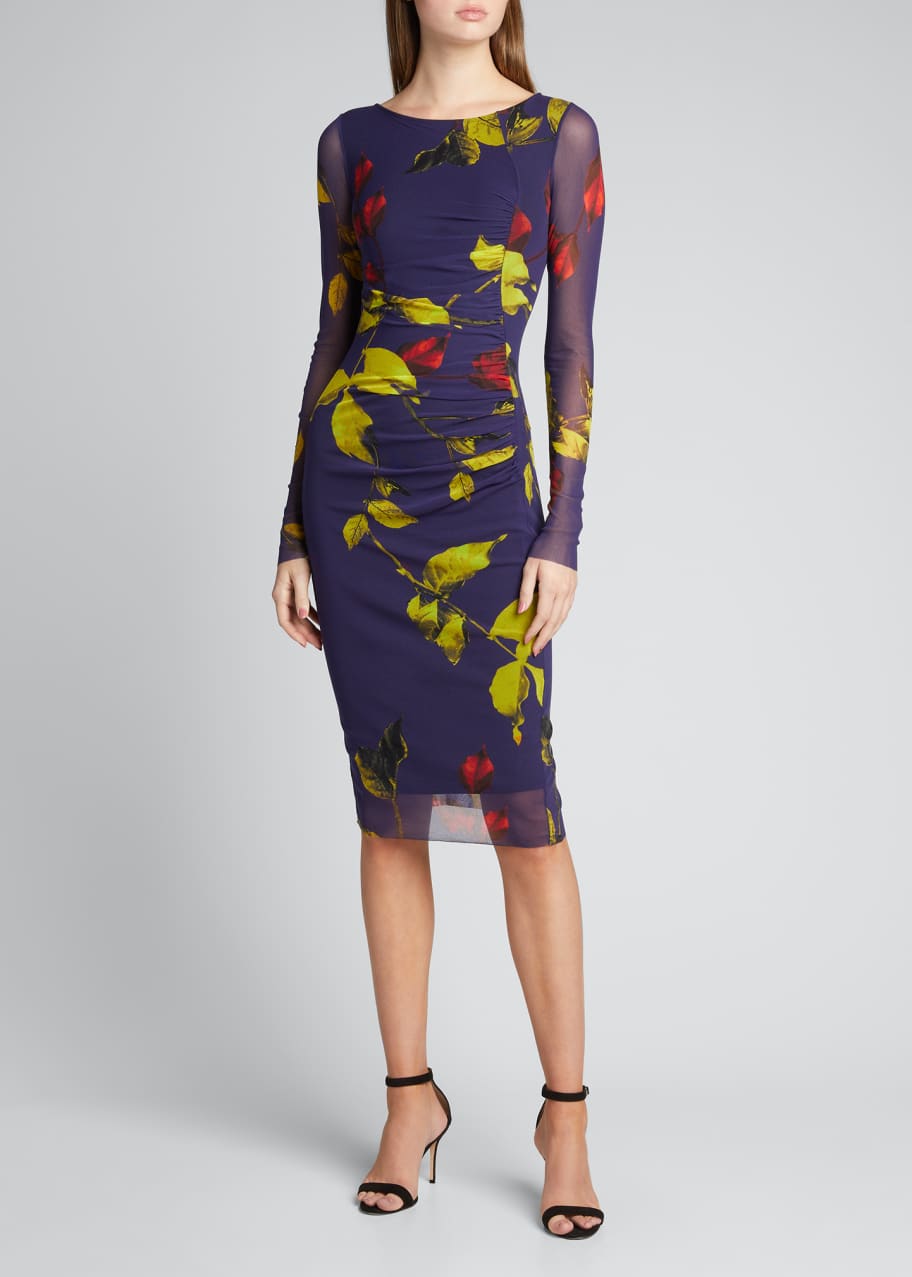 Fuzzi Falling Leaves Ruched Long-Sleeve Dress - Bergdorf Goodman