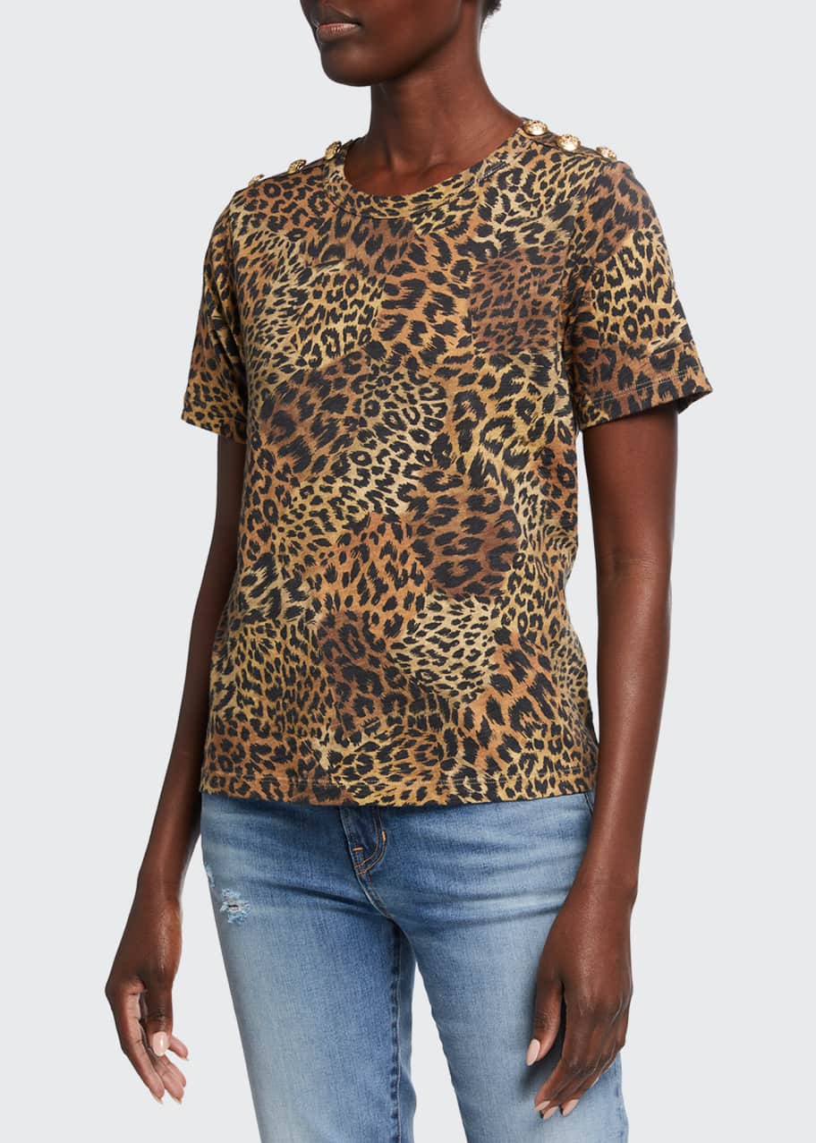 Veronica Beard Jeans Carla Leopard Print Crewneck Tee with Buttons