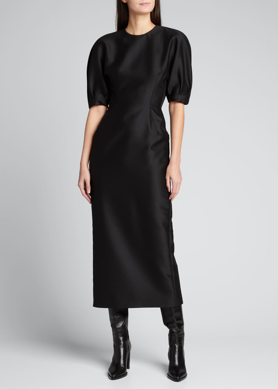 Image 1 of 1: Coretta Curved-Shoulder Wool-Silk Midi Dress