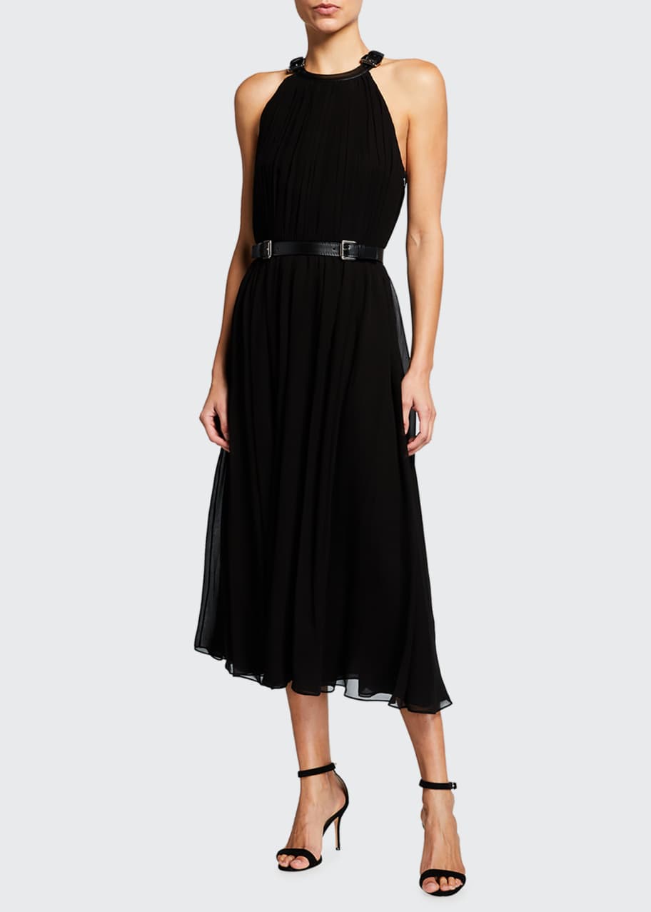Michael Kors Collection Pleated Halter-Neck Midi Dress w/ Leather Belt -  Bergdorf Goodman