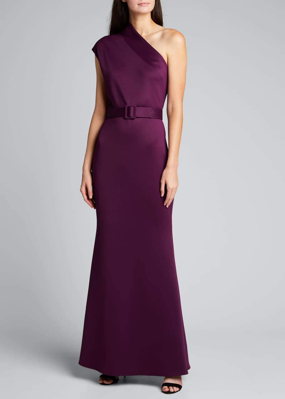 Badgley Mischka Collection One-Shoulder High-Neck Belted Gown ...