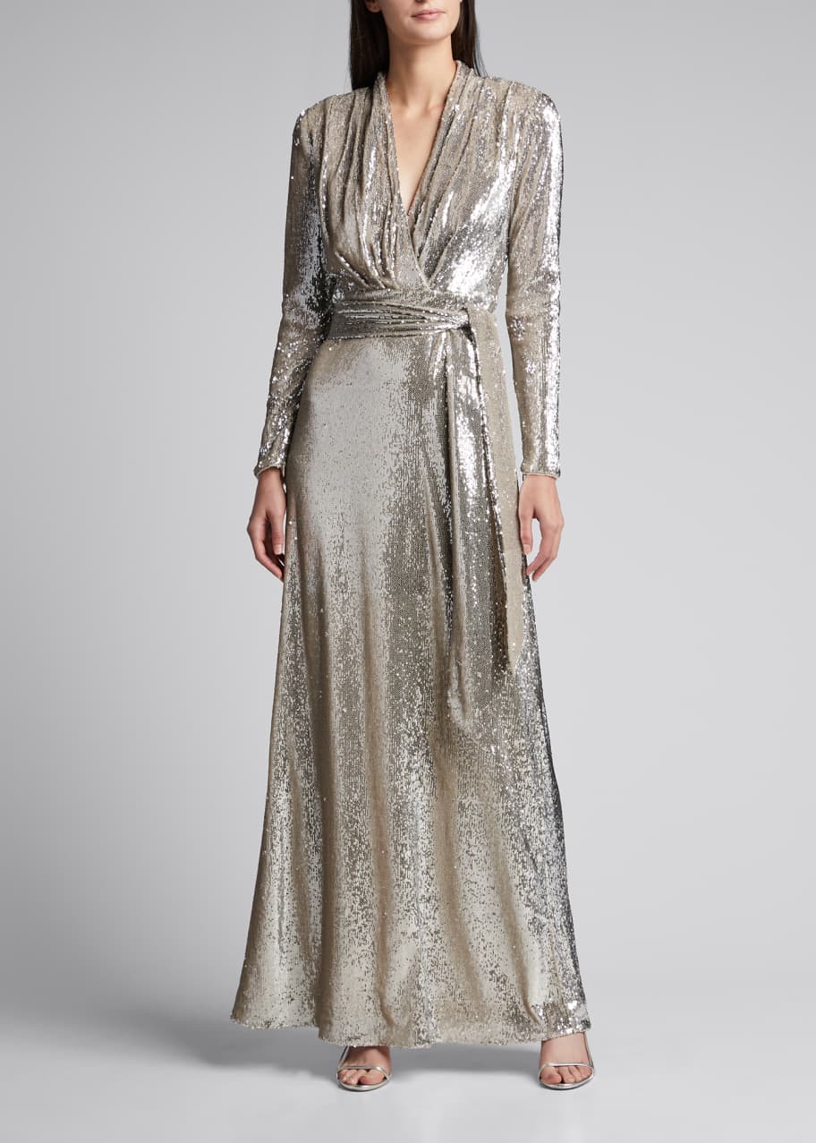 knee length dresses for ladies Long Sleeve Sequin Belted Evening Gown By BADGLEY MISCHKA – Elilhaam