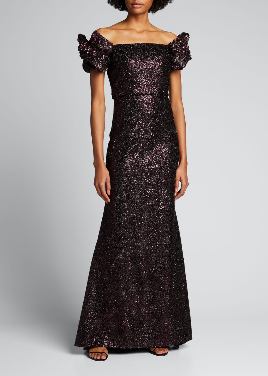 Image 1 of 1: Looped Off-the-Shoulder Sequin Gown