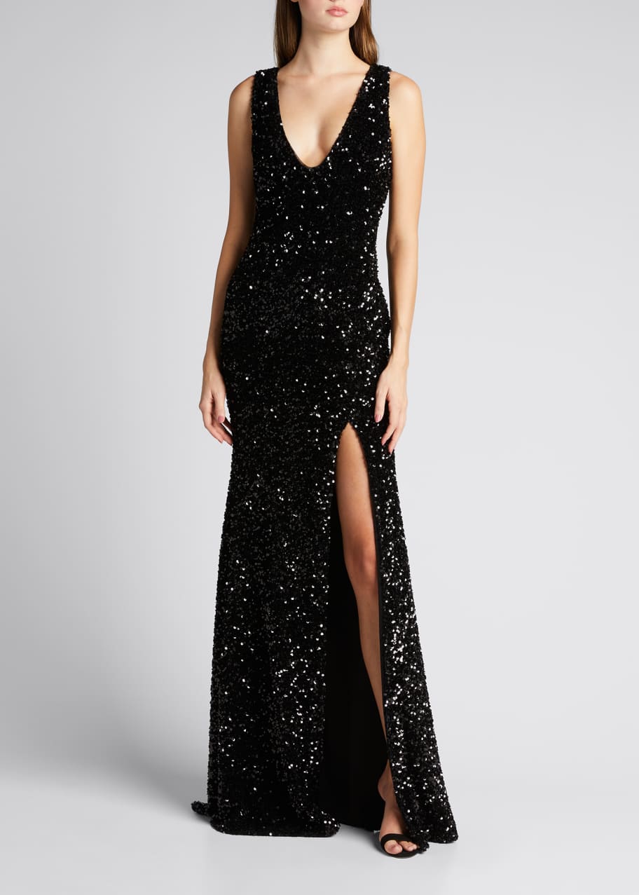 Badgley Mischka Collection Sequined Velvet Sleeveless Front Slit Trumpet  Gown - Bergdorf Goodman