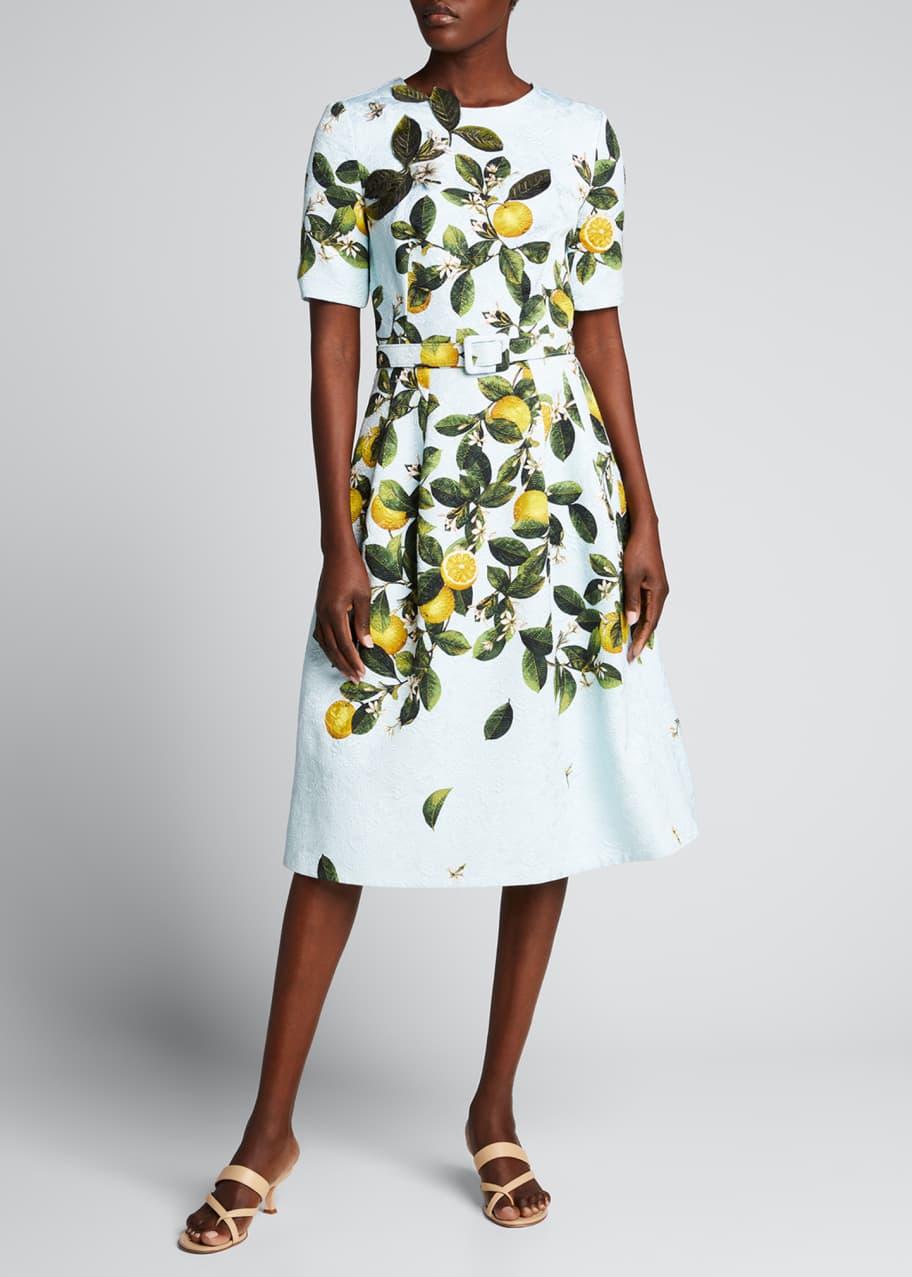 Oscar de la Renta Lemon Print Belted Midi Dress - Bergdorf Goodman
