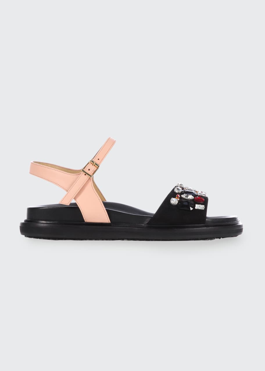 Image 1 of 1: Bicolor Jeweled Ankle-Strap Flat Sandals