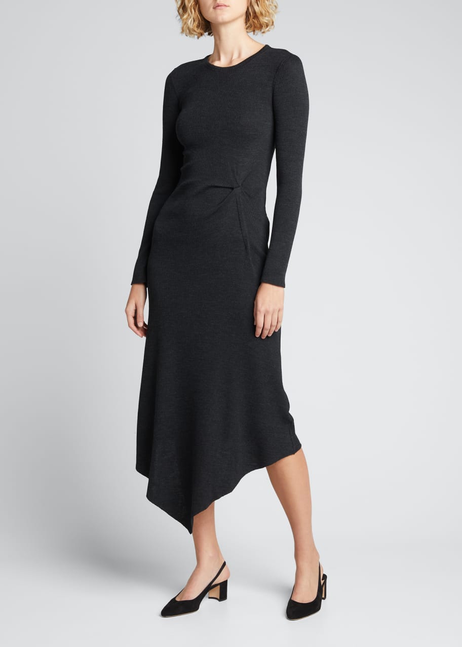 Image 1 of 1: Ribbed Side-Tuck Asymmetric Midi Dress