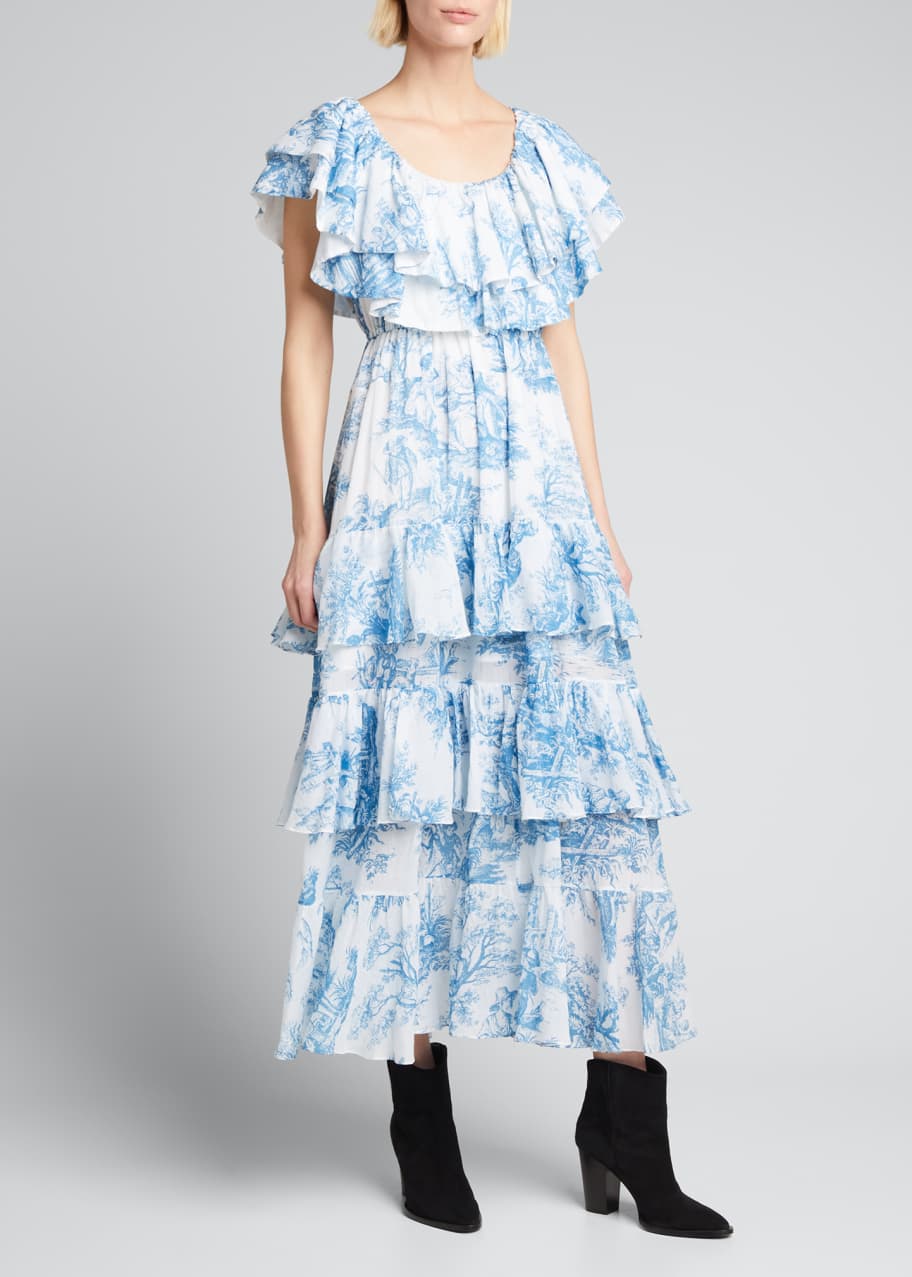 Image 1 of 1: Ash Toile-Print Off-Shoulder Ruffle Dress