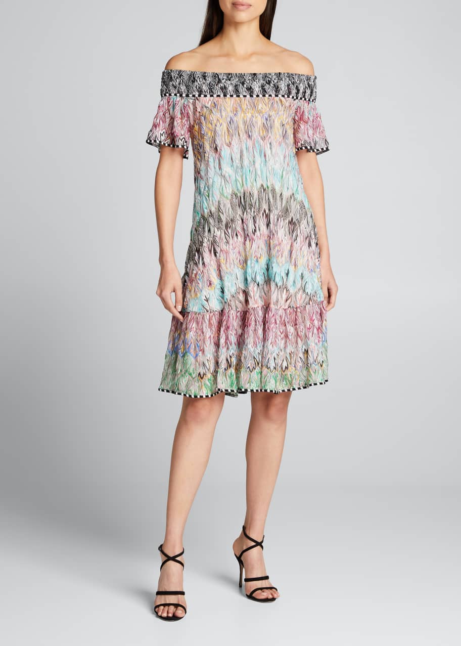 missoni off the shoulder dress Missoni Off Shoulder Dress in a Striped Pattern in Elegant Soft Colors