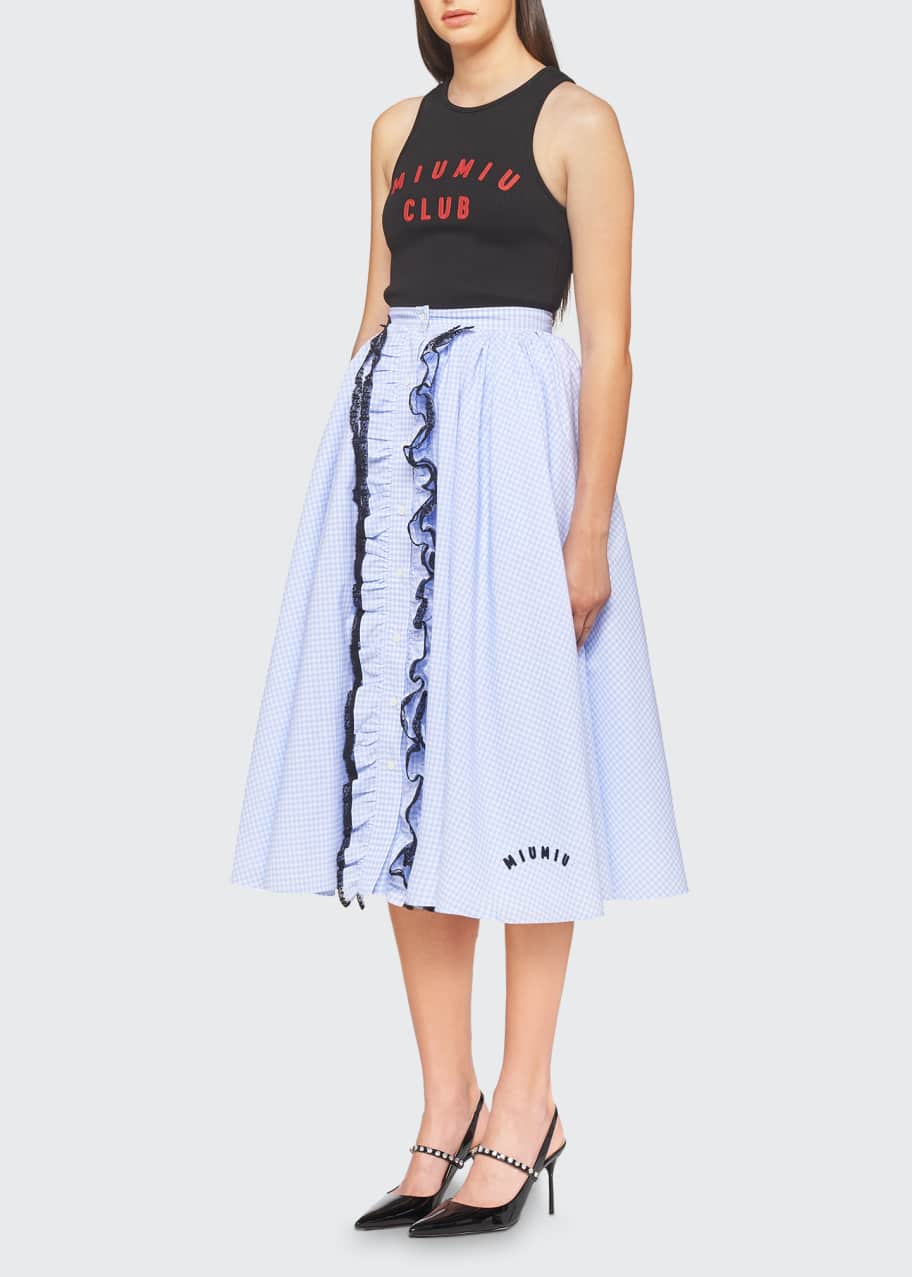 Miu Miu Gingham Ruffled Lace-Trimmed Midi Skirt - Bergdorf Goodman