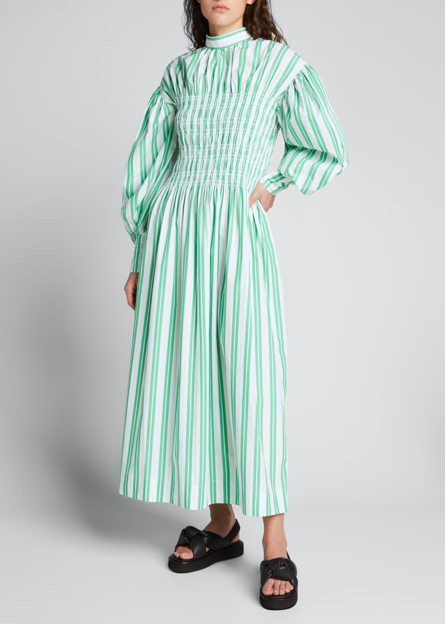 Ganni Balloon-Sleeve Stripe Cotton Dress - Bergdorf Goodman