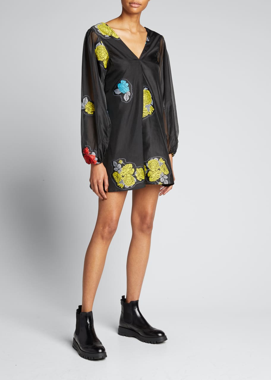 Ganni Patch Organza Long-Sleeve Dress - Bergdorf Goodman