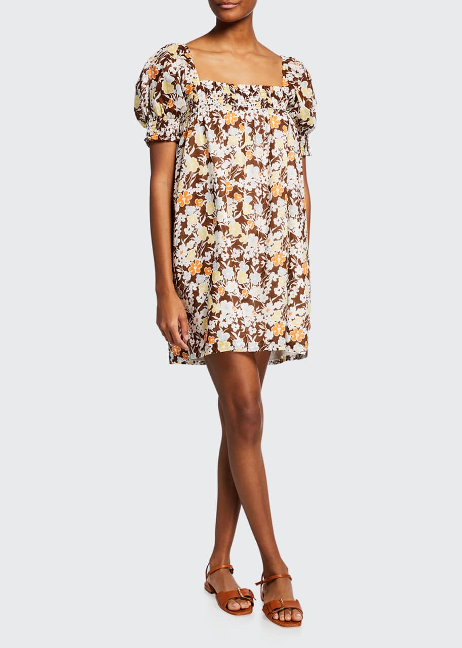 Tory Burch Floral Print Puff-Sleeve Smocked Mini Dress - Bergdorf Goodman