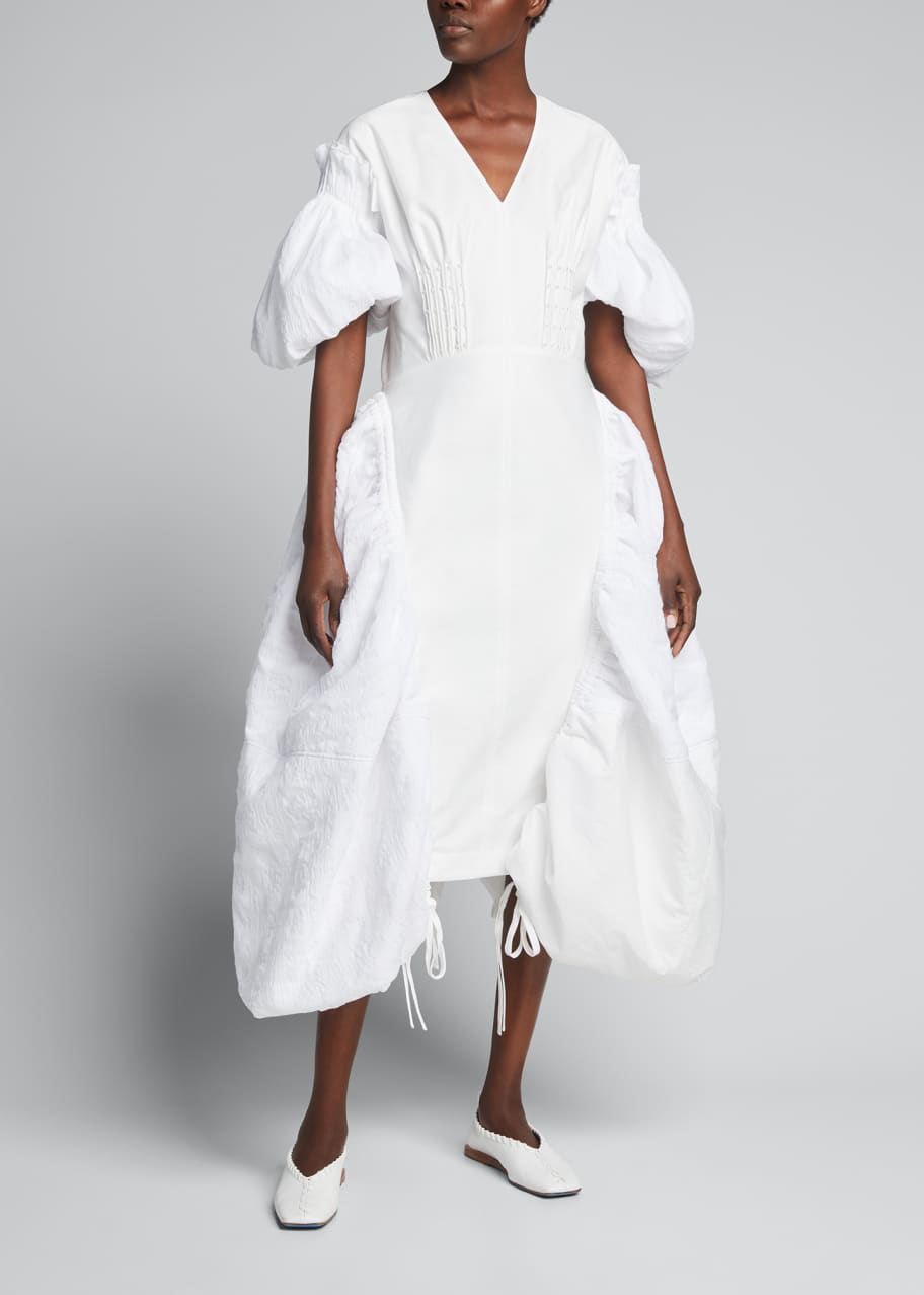 Puff-sleeve cotton-blend dress